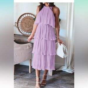 Sleeveless Halter Neck Ruffle Tiered Layered Chiffon Flowy Swing Long Midi Dress